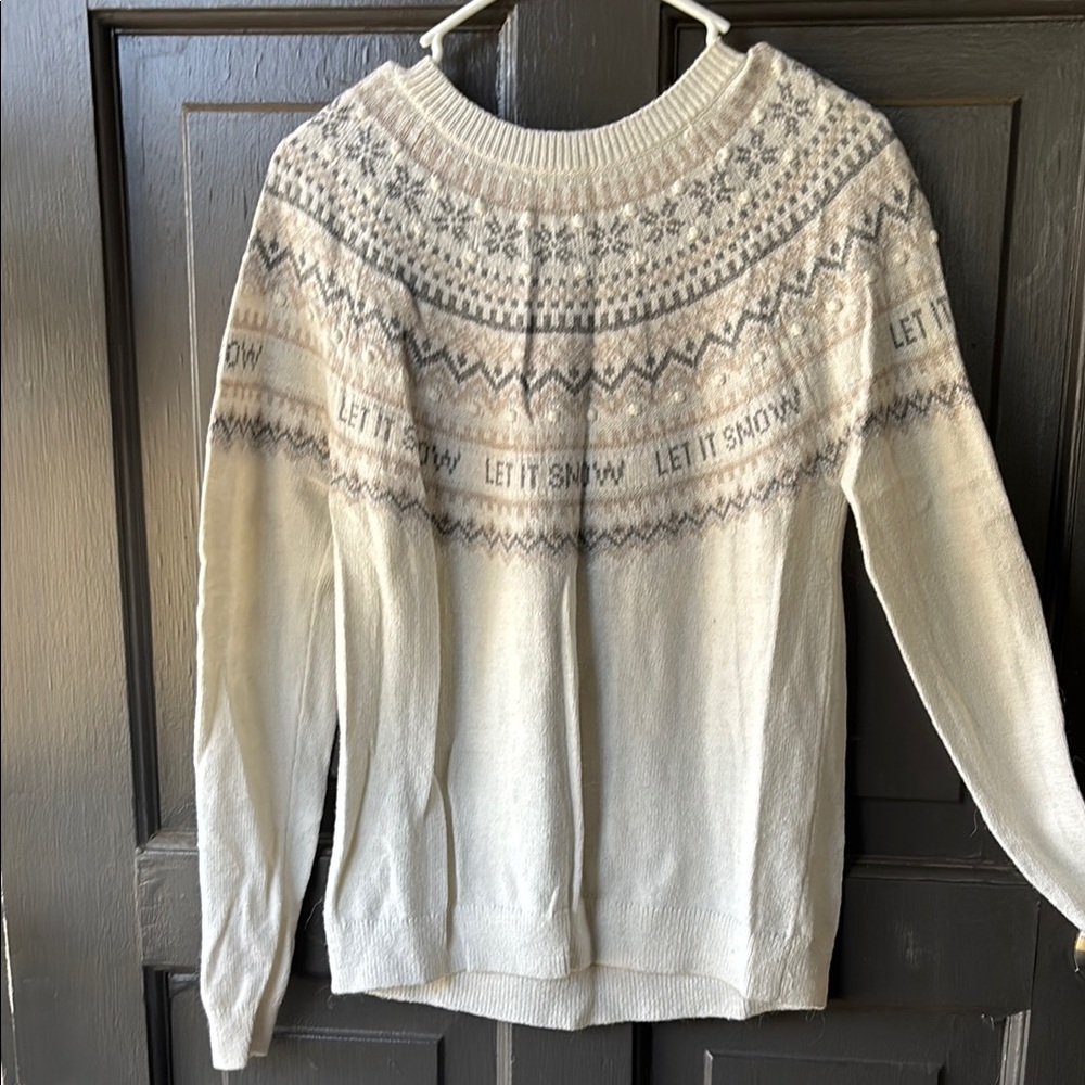 H&M Cream and Gray Crew Neck Sweater with Nordic Pattern